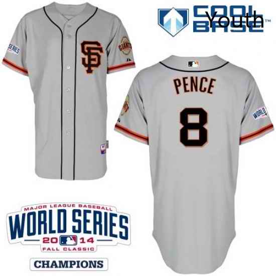 Youth Majestic San Francisco Giants 8 Hunter Pence Authentic Grey Road 2 Cool Base w2014 World Series Patch MLB Jersey